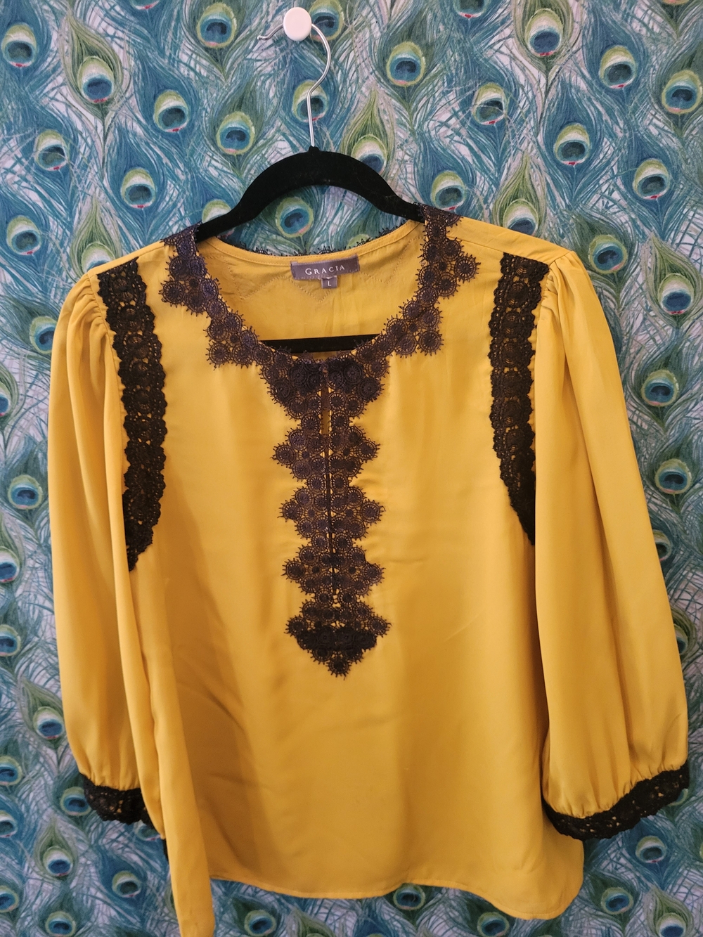 Gracia Yellow Blouse with Black Lace Trim